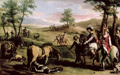 Don Quixote falls from his horse in front of the Dukes by Zacarias Gonzalez Velazquez